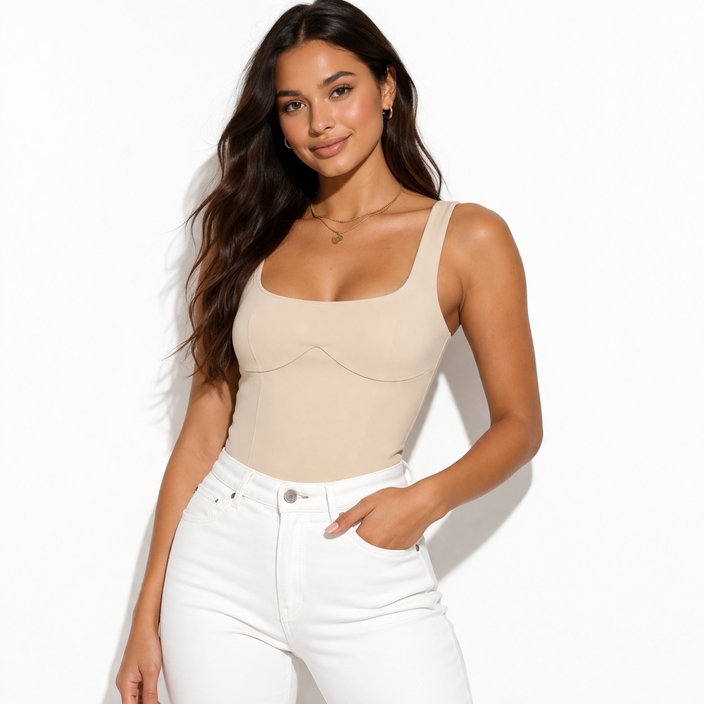 Abercrombie & Fitch Cream Bodysuit Ribbed Scoop Neck Minimalist Chic Fitted Top